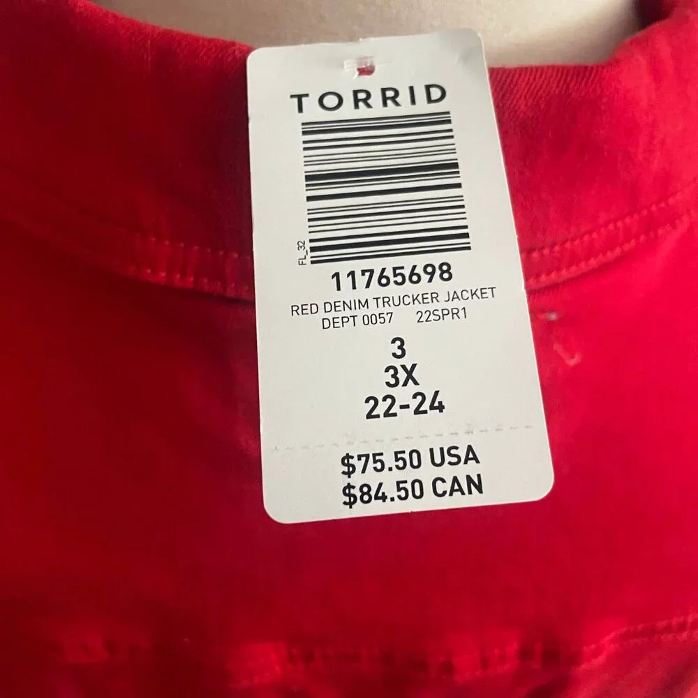 Torrid NWT Ruby Red Denim Trucker Jacket Size 3 - Picture 9 of 10
